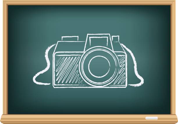 blackboard photo camera Education blackboard with drawing photographer camera. Studying photography in school. studying photos stock illustrations
