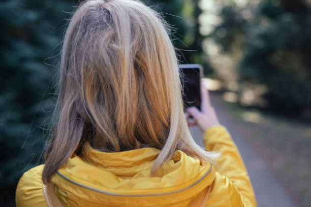 istock Taking Pictures Using Mobile Phone. Mobile Photography. Tourist Taking Picture  Forest 648129708