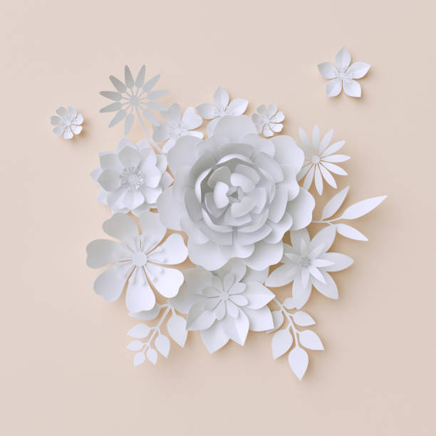 istock 3d illustration, white paper flowers, pastel decorative floral background 648132320