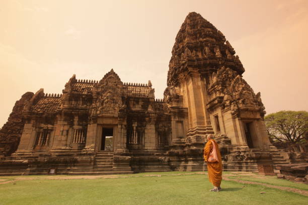 the phimai khmer Temple in the town of Phimai near the city of Khorat or Nakhon Ratchasima in the Region of Isan in Northeast Thailand in Thailand.\
