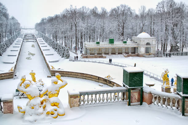 peterhof. rusia. vista superior de la gran cascada - peterhof palace fotografías e imágenes de stock