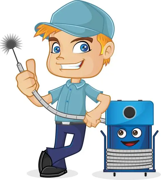 Vector illustration of HVAC Technician leaning on cleaning machine