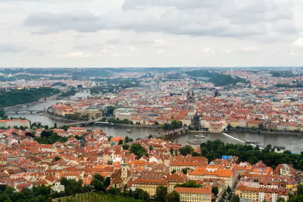 Top view to old town, Vltava and Karluv most in Prague, Czech republic from an observation deck on Petrin hill.