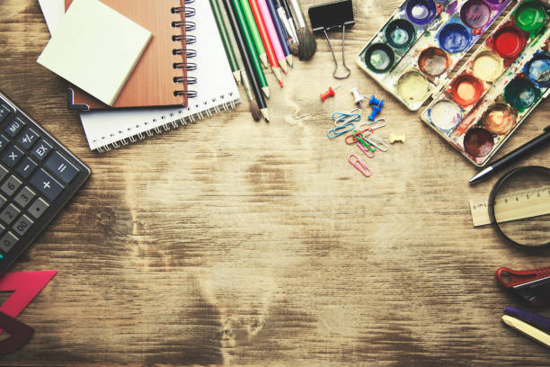 istock different stationery on the wooden table 648171918