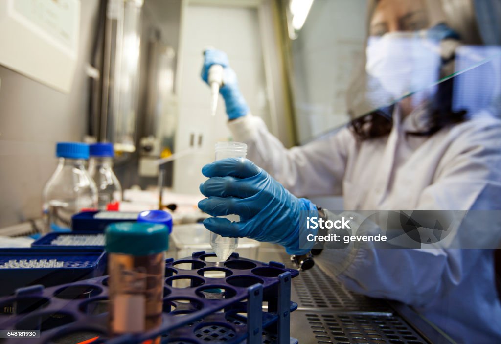 Female Scientist in Lab young doctor researches in lab Cancer - Illness Stock Photo