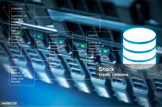 Database Table With Server Storage And Network In Datacenter Background Stock Photo - Download Image Now