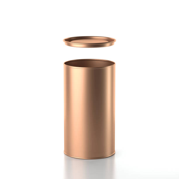 istock Copper color Aluminum Tin Can with open lid. Canned packaging 3d rendering 648189284