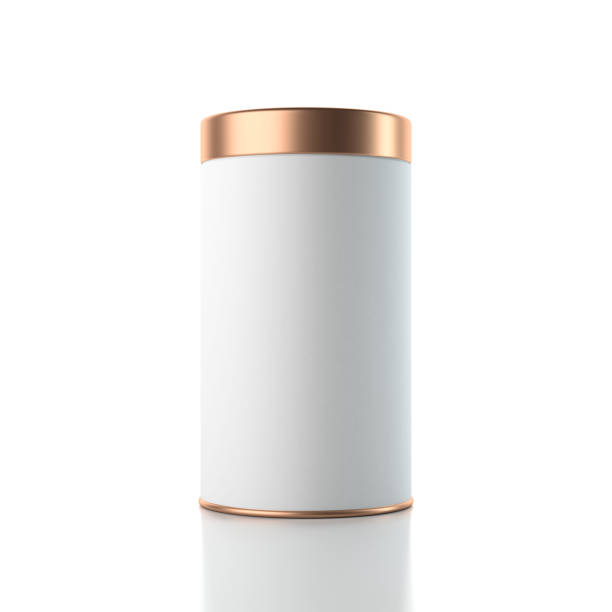 istock Aluminum white Tin can packaging Mockup with golden lid, 3d rendering 648189288