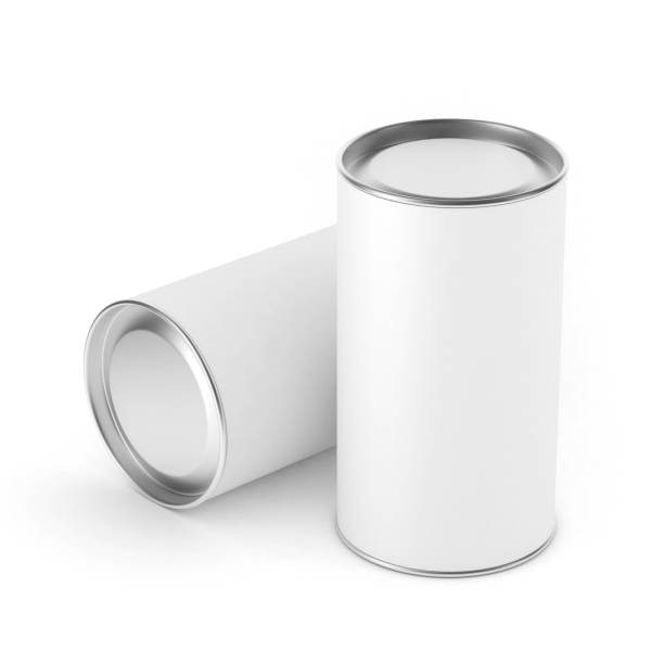 istock Two White Blank Tin can mockup. Cylindrical packaging with metal lid, 3d rendering 648189538