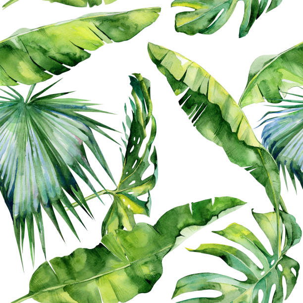 istock Seamless watercolor illustration of tropical leaves, dense jungle. 648191946