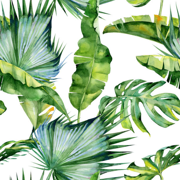 istock Seamless watercolor illustration of tropical leaves, dense jungle. 648191948