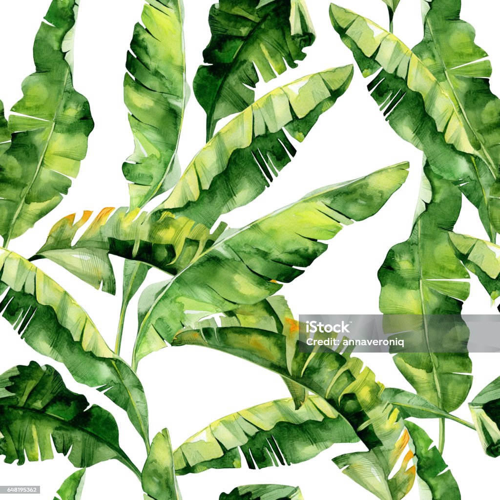 Seamless watercolor illustration of tropical leaves, dense jungle. Pattern with tropic summertime motif may be used as background texture, wrapping paper, textile,wallpaper design. Banana palm leaves Art stock illustration