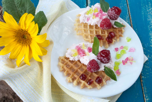dessert waffles with fresh raspberries, delicious food