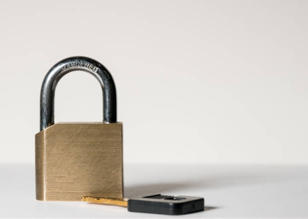 istock Macro shot of isolated brass padlock 648199060