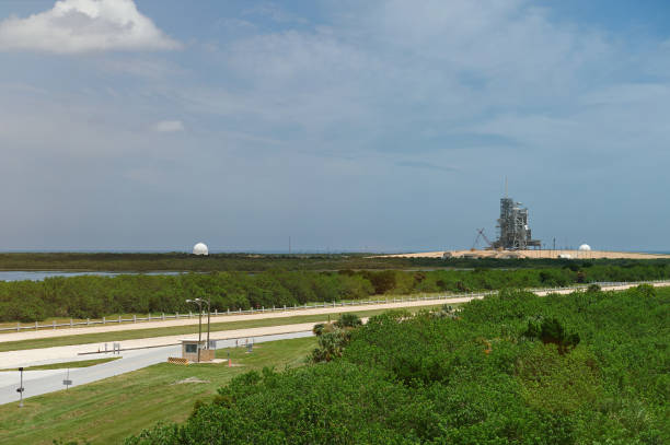 Launch pad for space shuttle Launch pad for space shuttle in cape canaveral center. Panoramic view on cape canaveral station rocket launch platform stock pictures, royalty-free photos & images