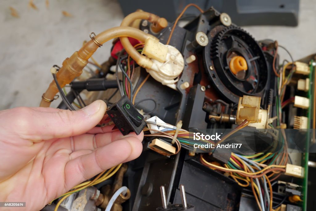 Coffee Machine Destroyed Man Repairs Old Broken Coffee Machine Stock Photo - Download Image Now ...