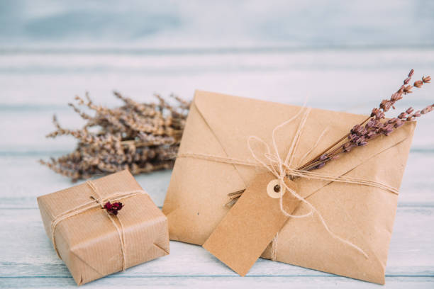 istock Vintage letter with tag and gift box 648206522