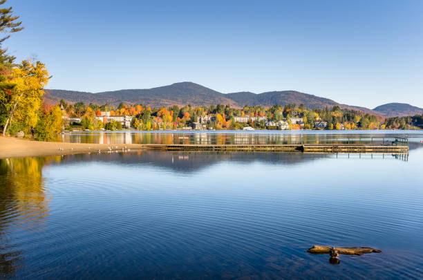 istock Fall Foliage Peak in Lake Placid and Clear Sky 648215418