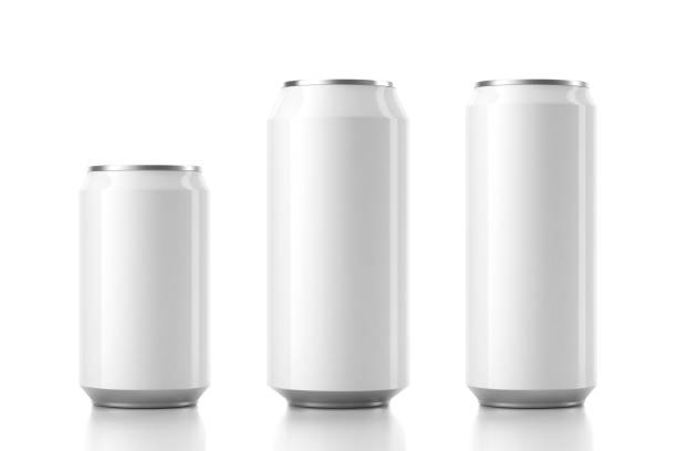tre alluminio bianco può mockup in diverse dimensioni. rendering 3d - can canned food container cylinder foto e immagini stock