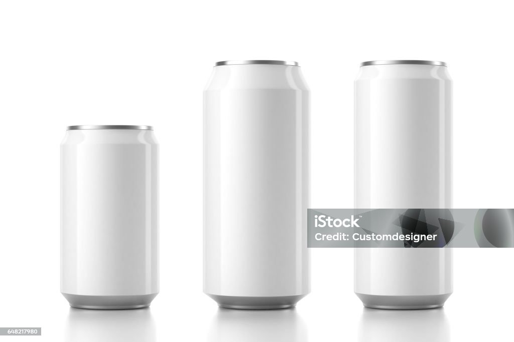 Three Aluminum White Can Mockup in different sizes. 3d rendering Three Aluminum White Tin Can Mockup in different sizes. 3d rendering Can Stock Photo