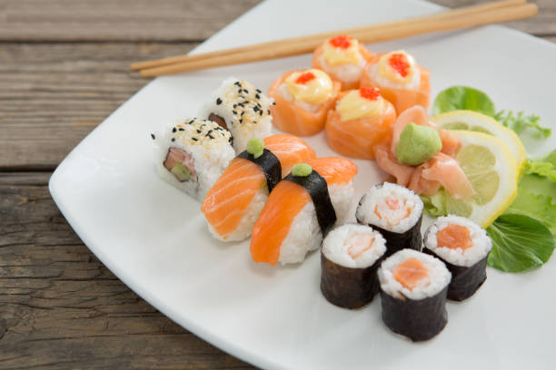 istock Set of assorted sushi served on plate 648220648