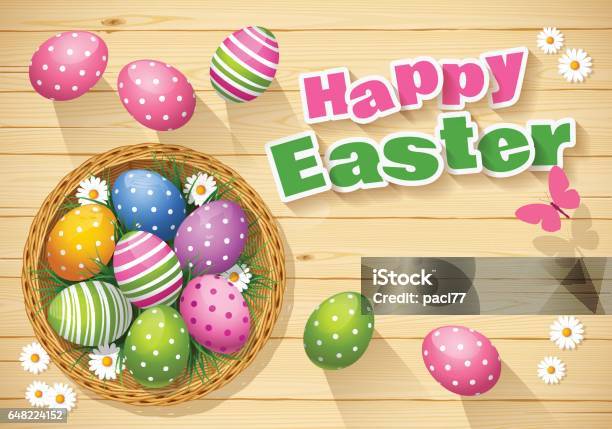 Easter Basket With Colored Eggs On Wood Table With Text Happy Easter Stock Illustration - Download Image Now