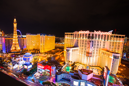 Las Vegas, Nevada, USA - May 7, 2014: Beautiful night view of Las Vegas strip with colorful resort casinos lit up.