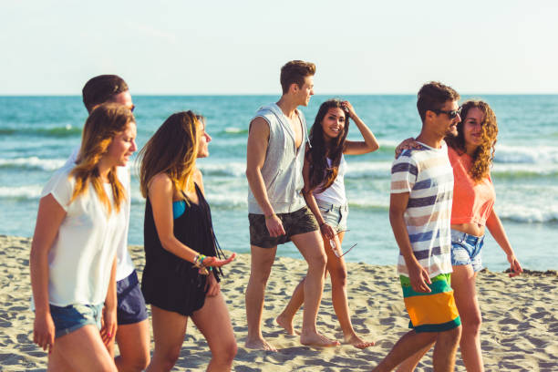 istock Multiracial group of friends walking on the beach 648226686