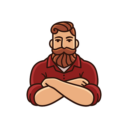 Drawing of man with beard and mustache with arms crossed. Stylish hipster illustration.
