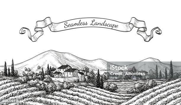 Paesaggio Senza Soluzione Di Continuità Del Vigneto Schizzo Della Vite Isolato Su Bianco Illustrazione Vettoriale Disegnata A Mano - Immagini vettoriali stock e altre immagini di Azienda vinicola