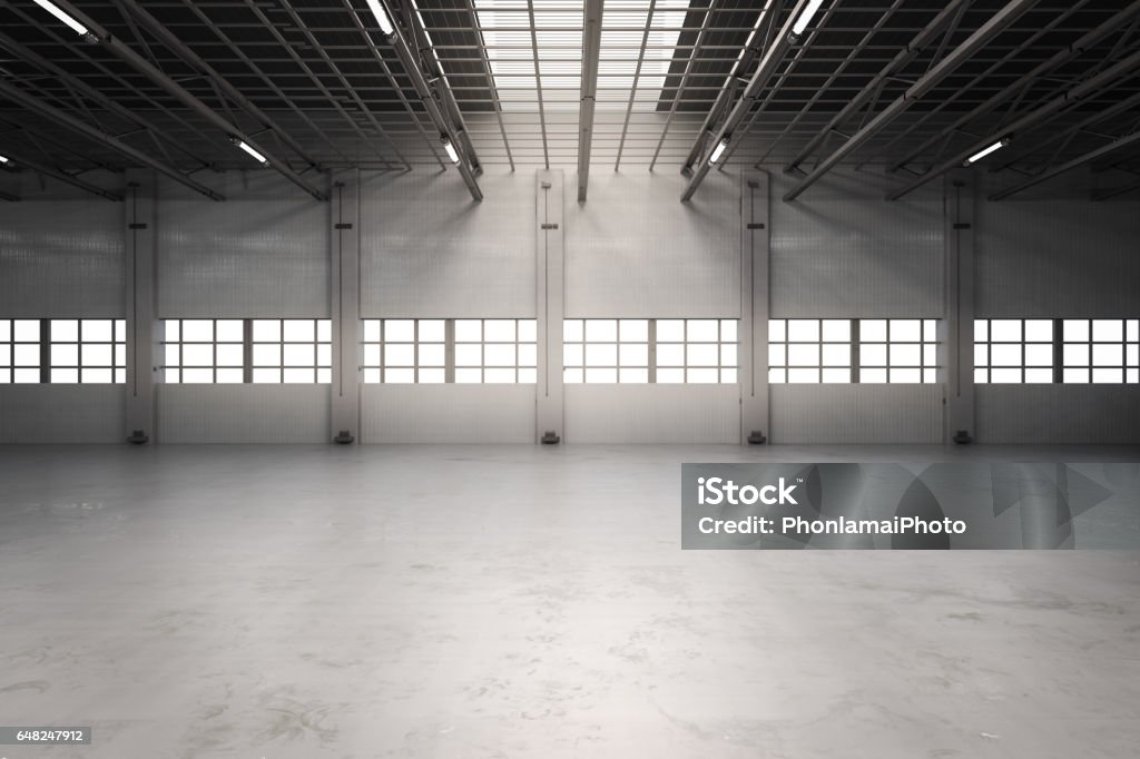 empty factory interior 3d rendering empty factory interior or empty warehouse Warehouse Stock Photo