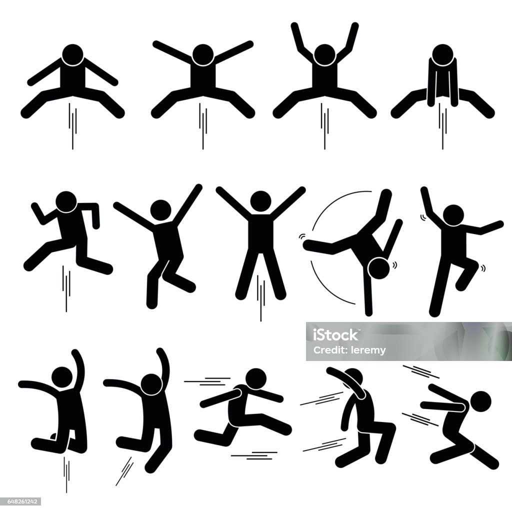 Stickman jumping poses. Stickman person posing in various jumping postures. Jumping stock vector