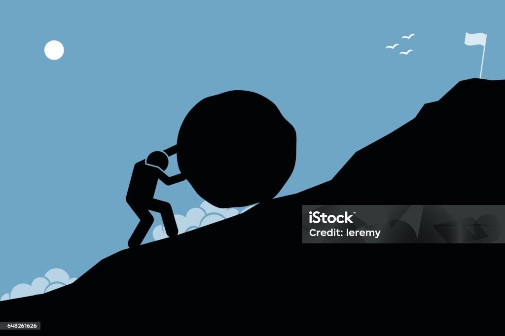 A strong man pushing a big rock up the hill to reach the goal on top. Artwork depicting hard work, challenge, mission, and accomplishment. Struggle stock vector