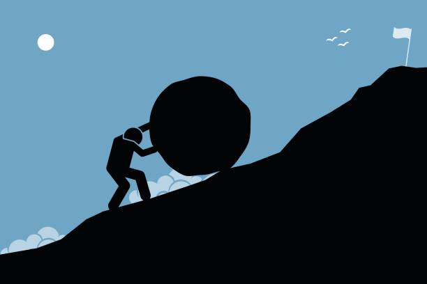 A strong man pushing a big rock up the hill to reach the goal on top. Artwork depicting hard work, challenge, mission, and accomplishment. boulder rock stock illustrations
