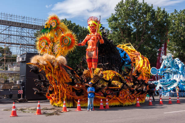 Rio de Janeiro, Brazil - March 4, 2017: Samba school vehicle parked in Presidente Vargas avenue is waiting for the parade at Sambodrome at night.