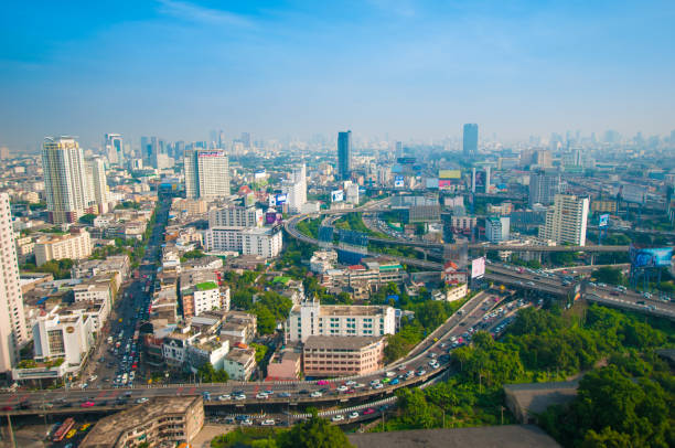 istock Panoramic view Cityscape business district from aerial view high building at dusk (Bangkok, Thailand) 648268238