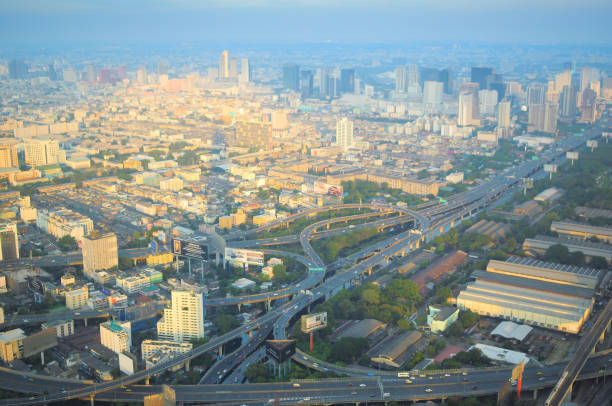 istock Panoramic view Cityscape business district from aerial view high building at dusk (Bangkok, Thailand) 648268344