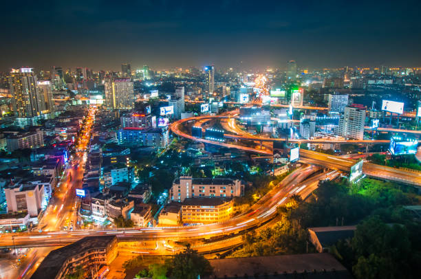 istock Panoramic view Cityscape business district from aerial view high building at dusk (Bangkok, Thailand) 648268346