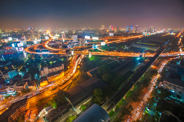 istock Panoramic view Cityscape business district from aerial view high building at dusk (Bangkok, Thailand) 648268458