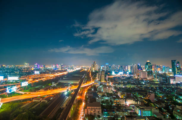 istock Panoramic view Cityscape business district from aerial view high building at dusk (Bangkok, Thailand) 648268606