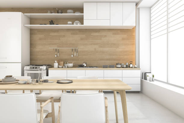 istock 3d rendering white scandinavian style dining room and kitchen 648277922