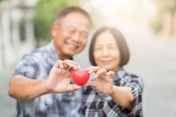 istock Senior Asian couple smiling while holding heart 648284168