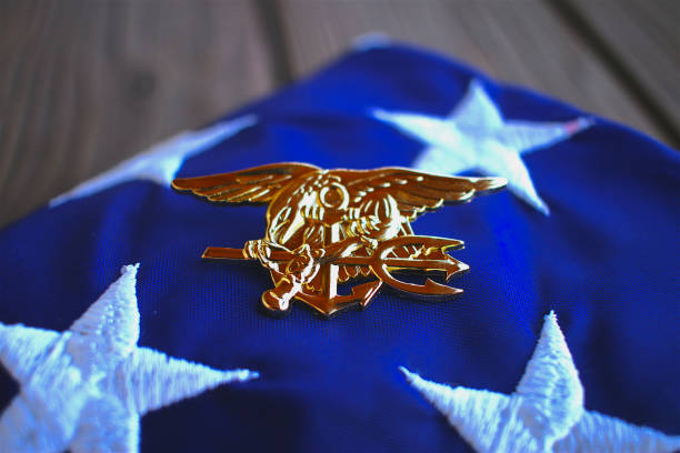 Damn Few Navy SEAL trident rests atop a folded American flag in remembrance of the brotherhood us navy stock pictures, royalty-free photos & images
