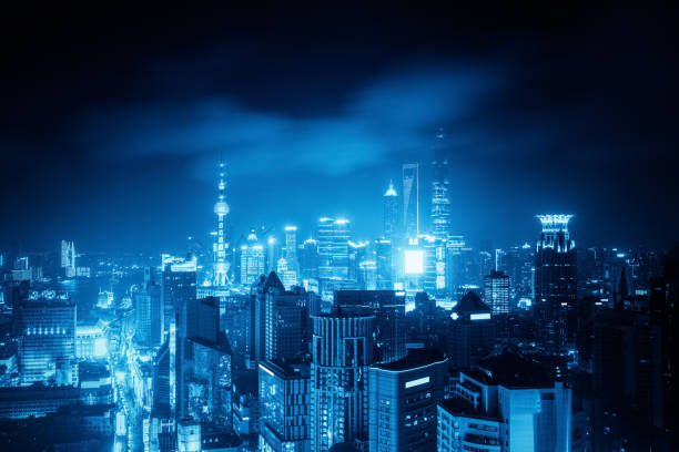 shanghai in late night with blue tone, high angle view