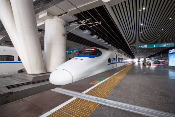 High speed railway in guangzhou south railway station.The speed is more than 300KM. stock photo