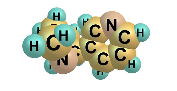 Nornicotine is an alkaloid found in various plants including Nicotiana, the tobacco plant. It is chemically similar to nicotine, but does not contain a methyl group. 3d illustration