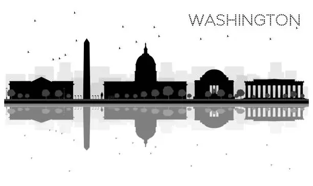 Vector illustration of Washington DC City skyline black and white silhouette with Reflections.