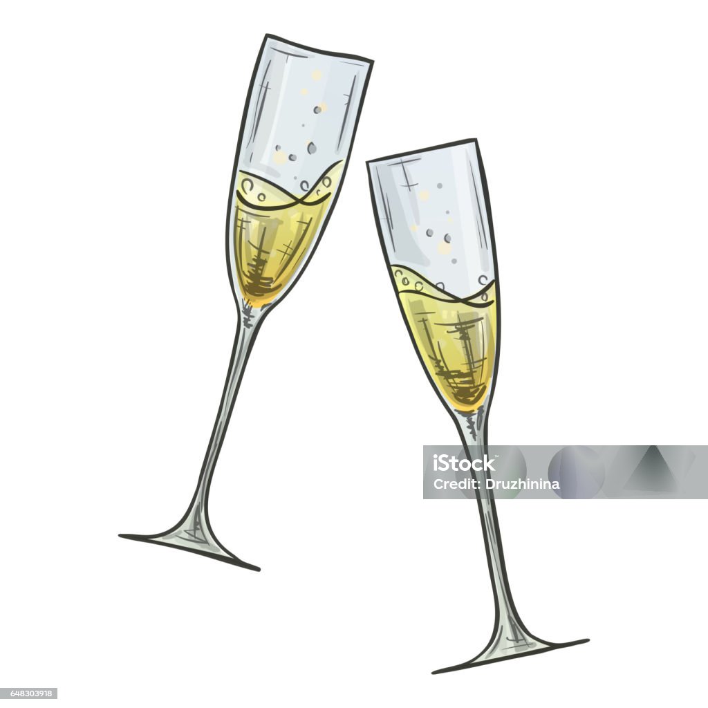 Colorful sketch of two glasses of champagne Colorful sketch style illustration of two glasses of champagne on white background. Vector. Champagne Flute stock vector