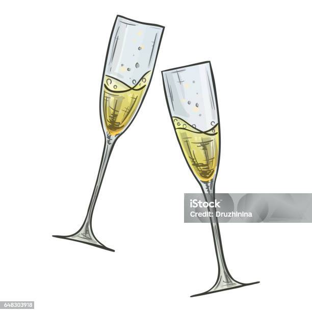 Colorful Sketch Of Two Glasses Of Champagne Stock Illustration - Download Image Now - Champagne Flute, Champagne, Celebratory Toast