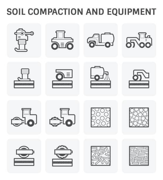 Soil Compaction Icon Vector icon of soil compaction and equipment for construction work. water truck stock illustrations